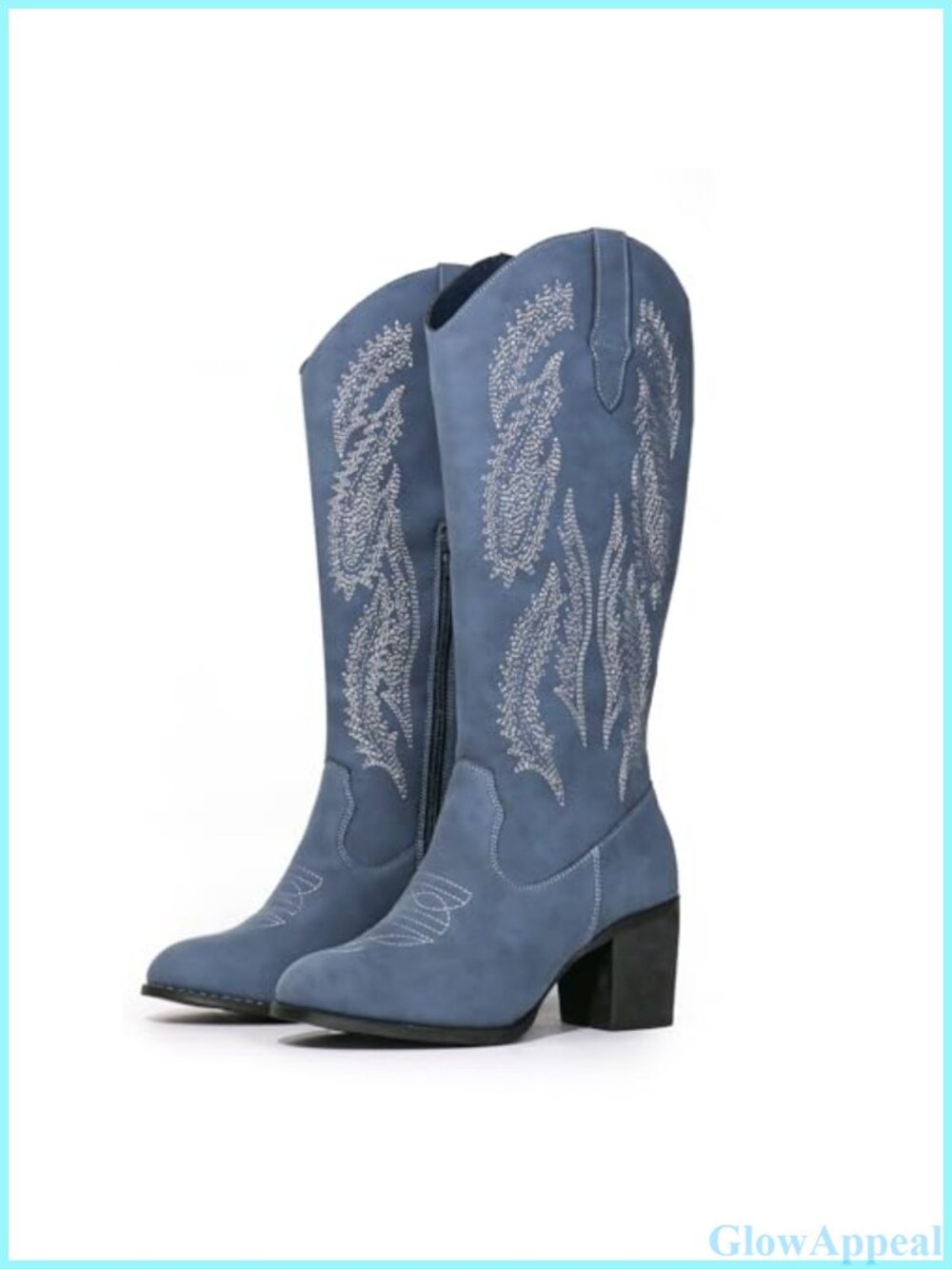 Women's Western Cowboy Boots Embroidered Chunky Block Heel Side Zip Mid Calf
